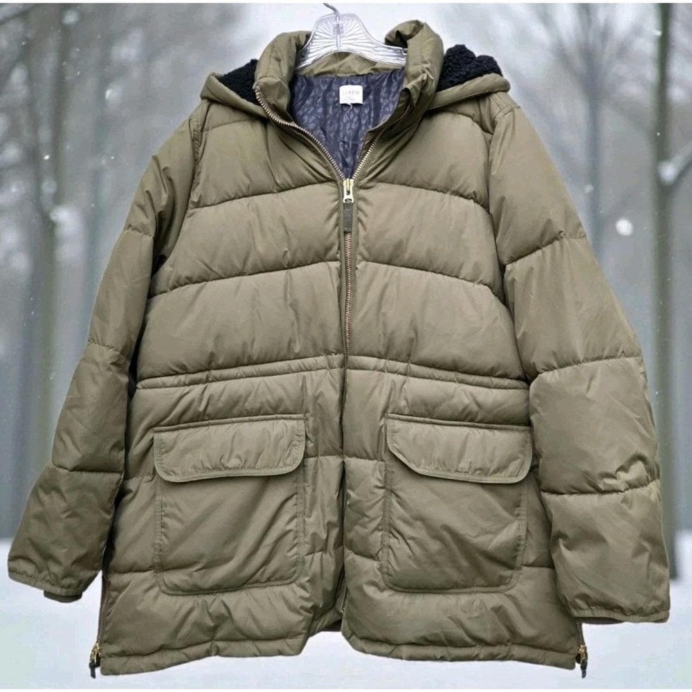 EUC J.Crew Mens 2XL Olive Green Puffer Jacket Hooded  Lined Heavy Winter Coat
